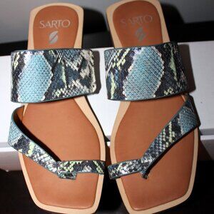SARTO sandals, blue & white snake skin pattern, square toe